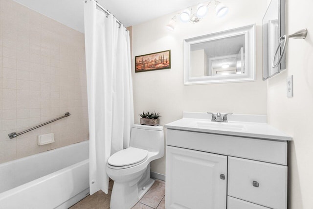 bathroom with toilet, shower / bath combo with shower curtain, tile patterned flooring, and vanity