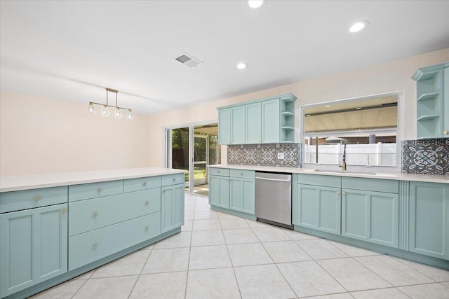 514 Jaeger Dr, Delray Beach, FL 33444 - kitchen featuring dishwasher, open shelves, a sink, tasteful backsplash, and light countertops