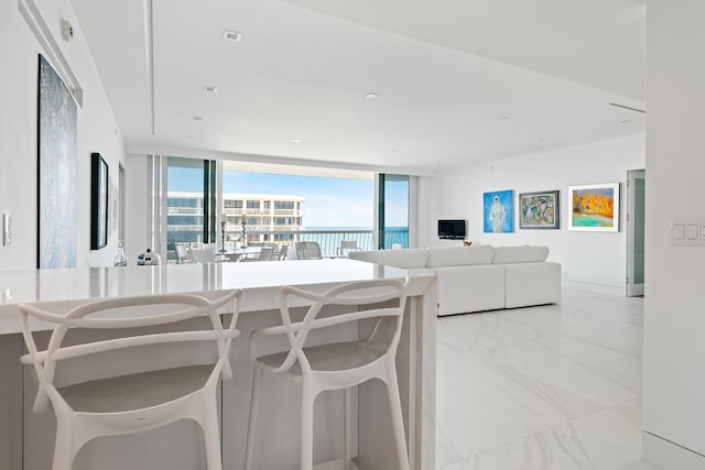 kitchen featuring expansive windows and marble finish floor