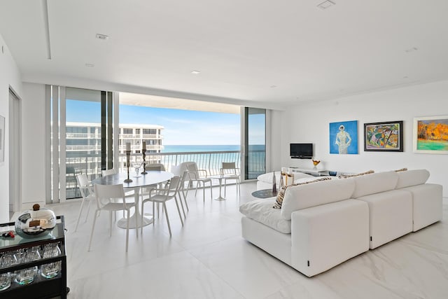 living room featuring a wall of windows