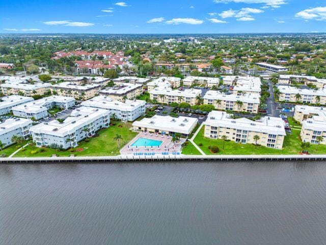 aerial view featuring a water view