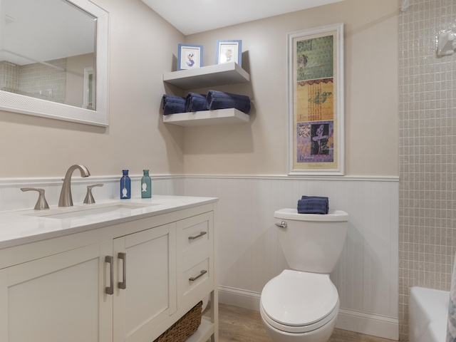 bathroom with wood finished floors, toilet, vanity, and wainscoting