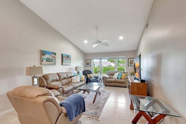 living area with light tile patterned floors, high vaulted ceiling, a ceiling fan, and recessed lighting