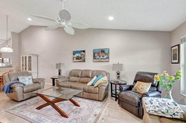 living room featuring light tile patterned floors, vaulted ceiling, and recessed lighting