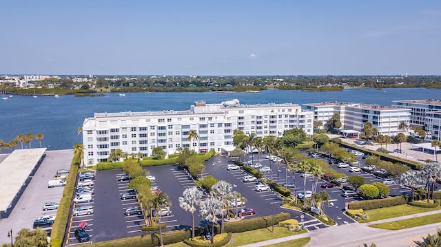 drone / aerial view with a water view