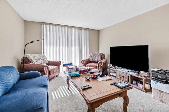 living room featuring carpet and a textured ceiling