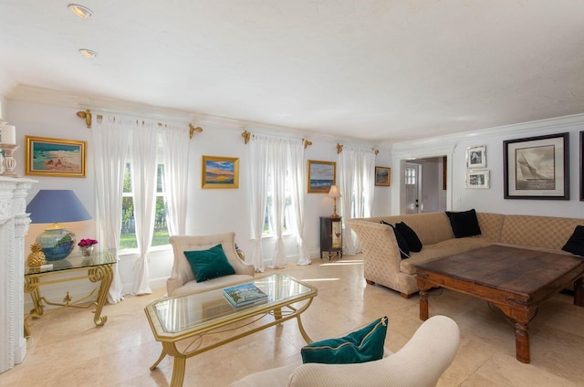 living room with a fireplace, baseboards, and crown molding