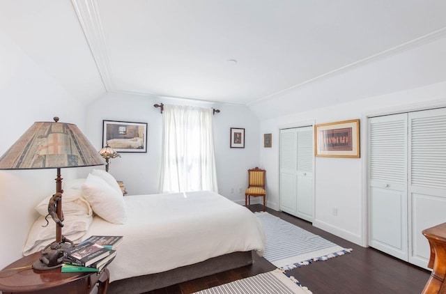 bedroom with dark wood-type flooring, lofted ceiling, baseboards, and two closets