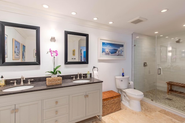 full bath with toilet, visible vents, ornamental molding, and a sink