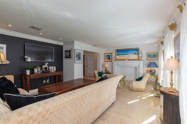 living area with light tile patterned flooring, recessed lighting, a fireplace, visible vents, and crown molding