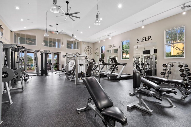 workout area with high vaulted ceiling, recessed lighting, visible vents, and a ceiling fan