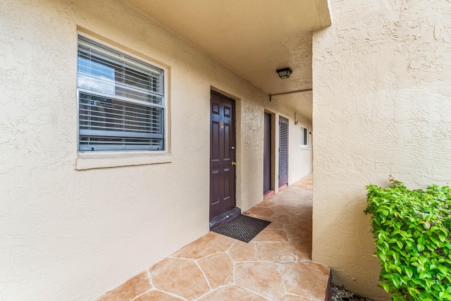 doorway to property featuring stucco siding