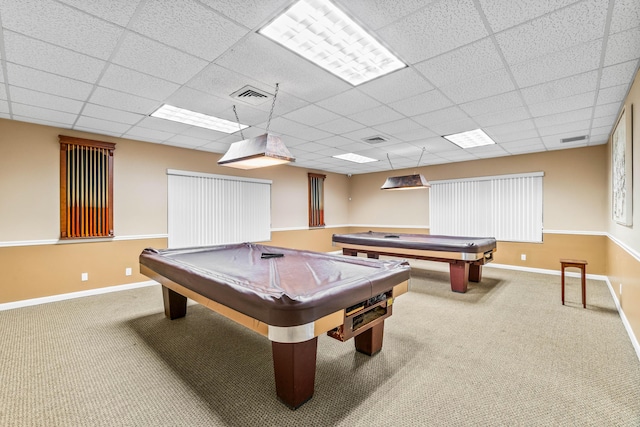 game room featuring carpet, billiards, baseboards, and a drop ceiling