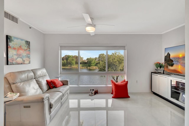 living area featuring a ceiling fan, visible vents, and crown molding