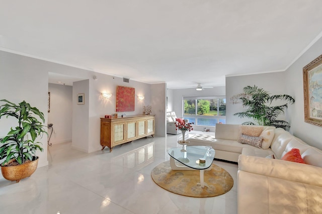 living room with visible vents, crown molding, and ceiling fan