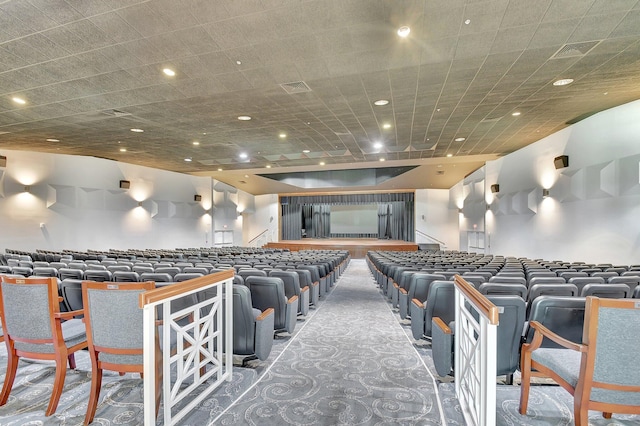 home theater room featuring carpet floors, visible vents, and recessed lighting