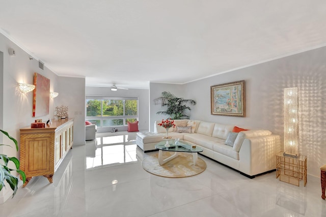 living area with a ceiling fan, visible vents, crown molding, and light tile patterned flooring