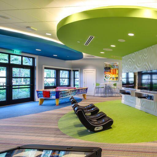 game room with french doors, carpet flooring, visible vents, and recessed lighting