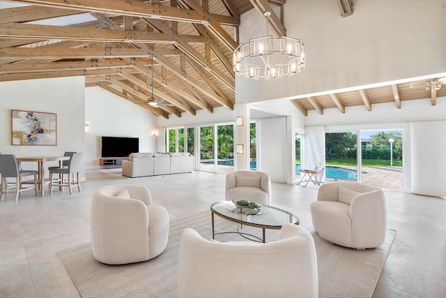 living room featuring beam ceiling, wooden ceiling, a healthy amount of sunlight, and high vaulted ceiling