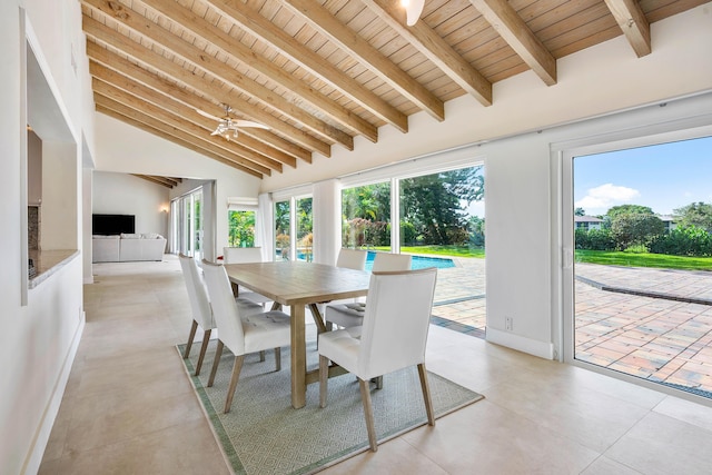 dining room featuring a healthy amount of sunlight, wooden ceiling, vaulted ceiling with beams, and baseboards