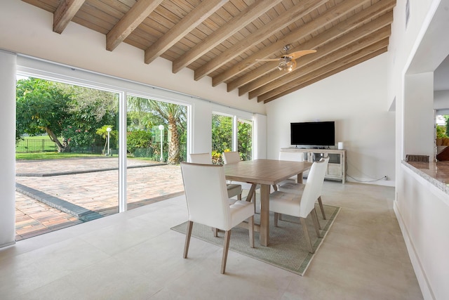 dining room featuring a ceiling fan, baseboards, high vaulted ceiling, beam ceiling, and wooden ceiling