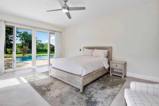 bedroom featuring access to exterior, a ceiling fan, and baseboards