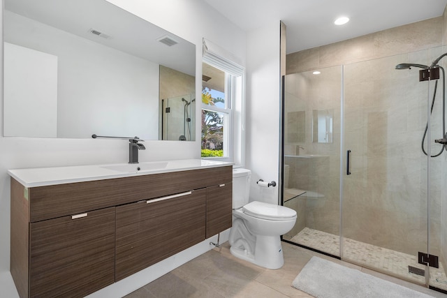 full bath featuring visible vents, a stall shower, toilet, and vanity