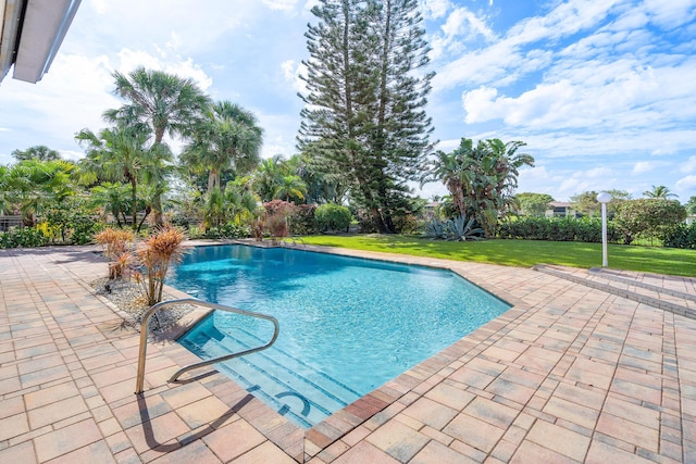 pool with a patio area and a yard