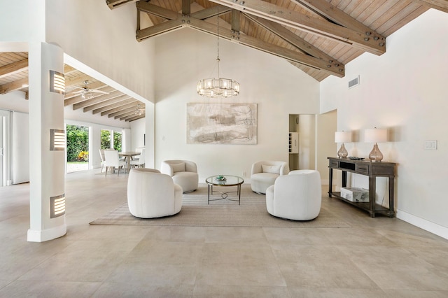 sitting room with visible vents, beam ceiling, high vaulted ceiling, wooden ceiling, and baseboards