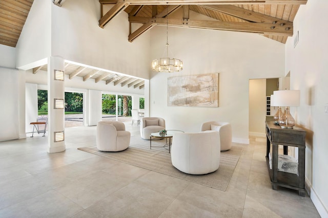 living room featuring wooden ceiling, a notable chandelier, baseboards, and beam ceiling