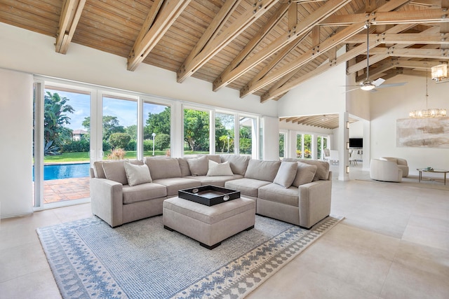 living area featuring beamed ceiling, a notable chandelier, wood ceiling, and high vaulted ceiling