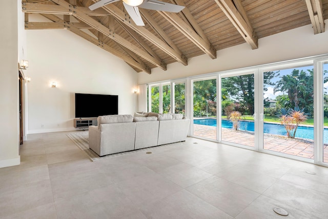 unfurnished living room with baseboards, ceiling fan, wood ceiling, beam ceiling, and high vaulted ceiling