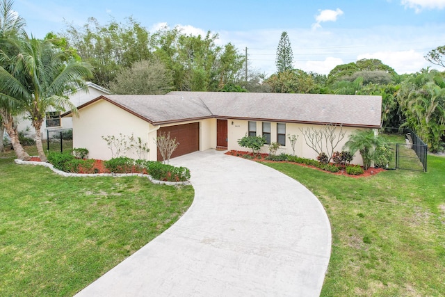 single story home featuring an attached garage, fence, a front lawn, and stucco siding