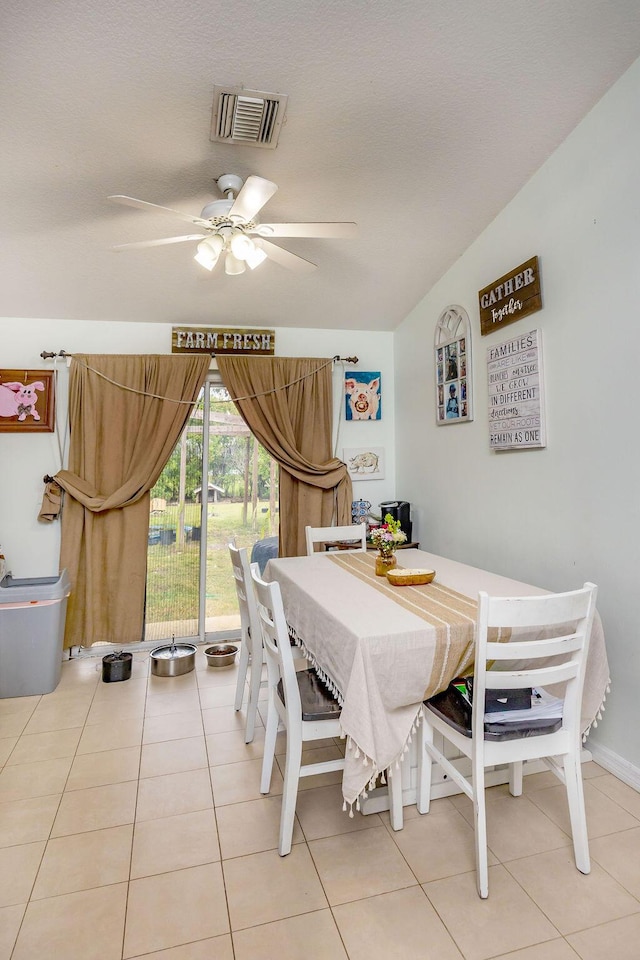 dining room with light tile patterned floors, ceiling fan, and visible vents