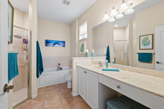 bathroom featuring a stall shower, visible vents, tile patterned flooring, vanity, and a bath