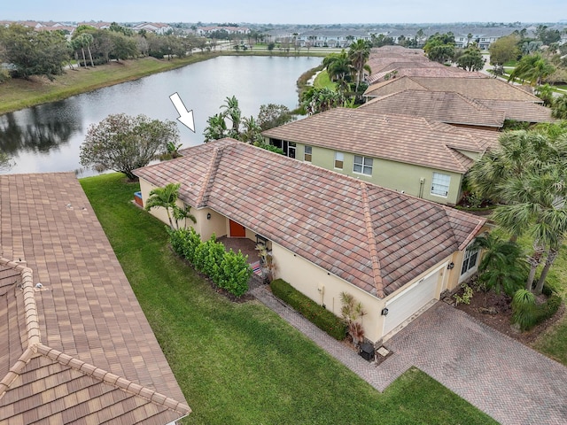 aerial view featuring a water view