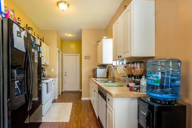 kitchen with white cabinets, black fridge with ice dispenser, light countertops, white electric range, and stainless steel dishwasher