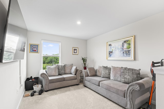 living area featuring baseboards, carpet, and recessed lighting