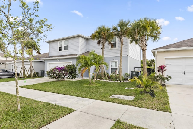 view of front of home featuring concrete driveway, an attached garage, and a front lawn