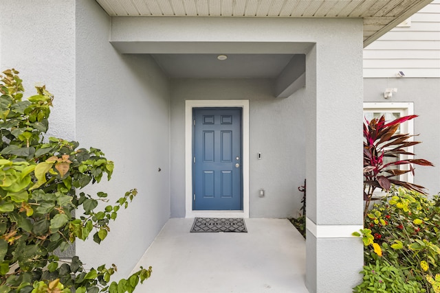 view of exterior entry with stucco siding