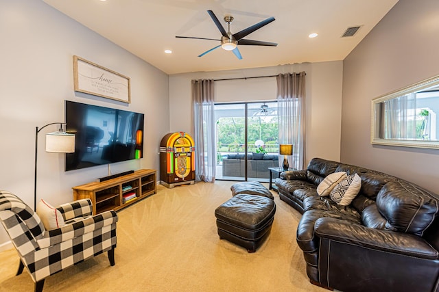 living room with carpet floors, recessed lighting, visible vents, and ceiling fan