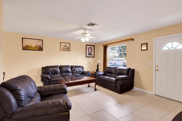 living area featuring visible vents, ceiling fan, baseboards, and light tile patterned floors