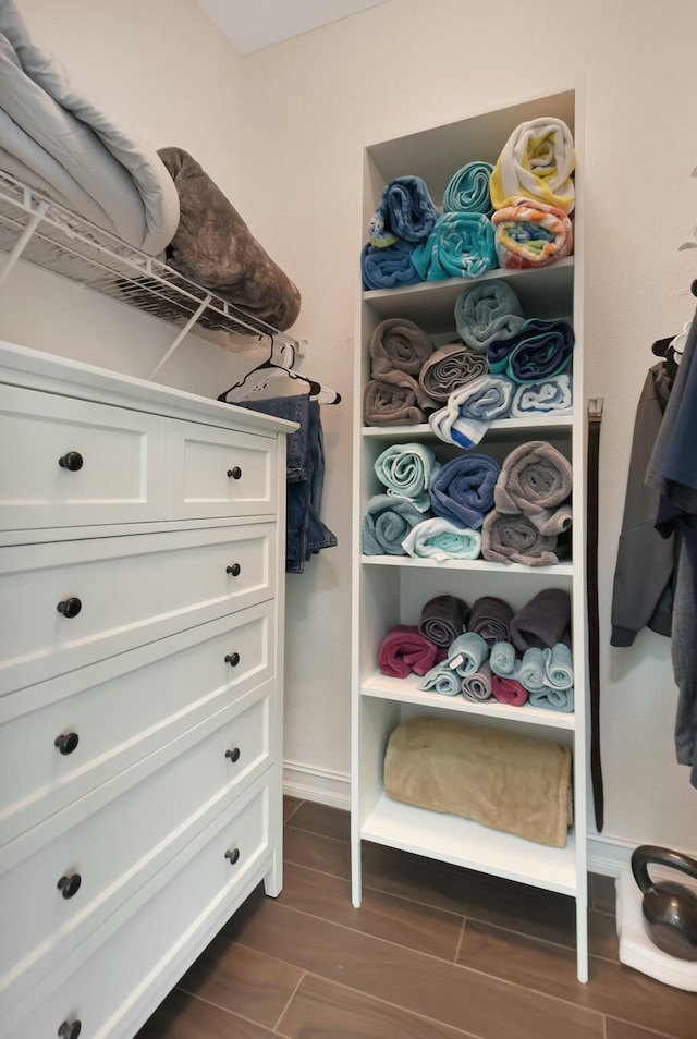 walk in closet with wood tiled floor