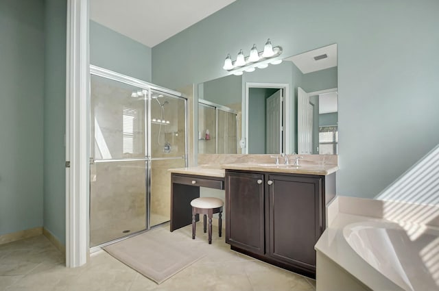 full bathroom with visible vents, tile patterned floors, vanity, a shower stall, and a bath