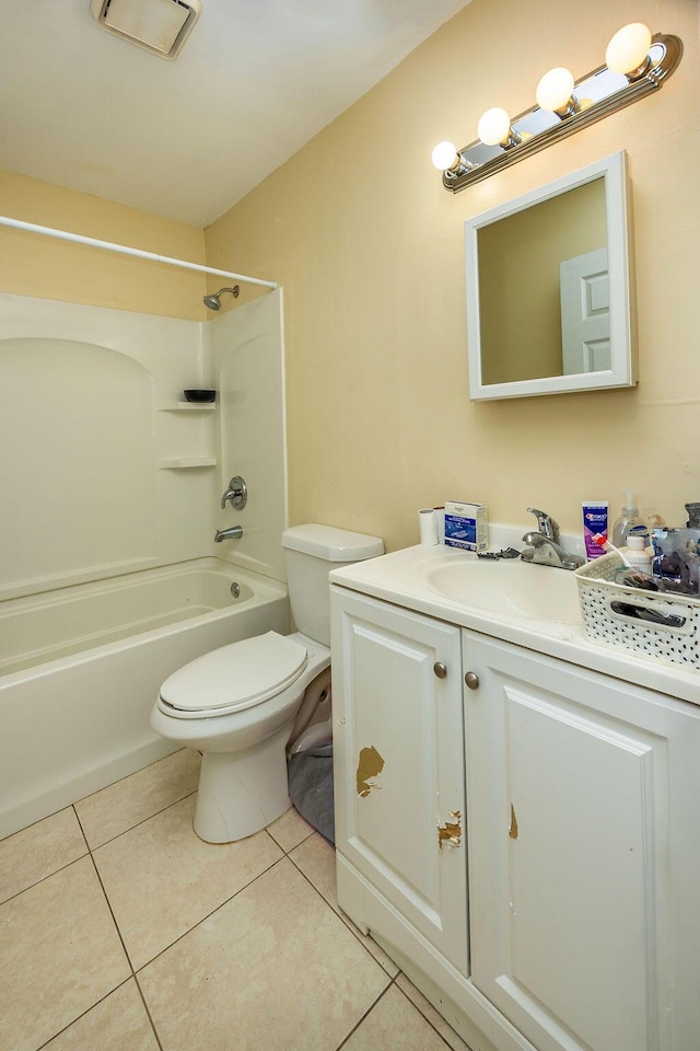 bathroom featuring shower / bathtub combination, vanity, toilet, and tile patterned floors