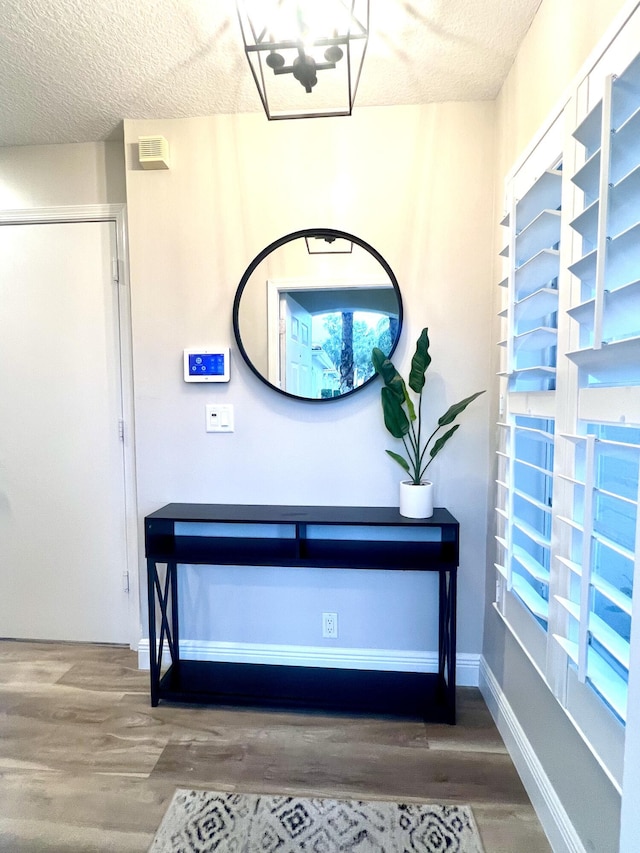 interior details with a textured ceiling, baseboards, and wood finished floors