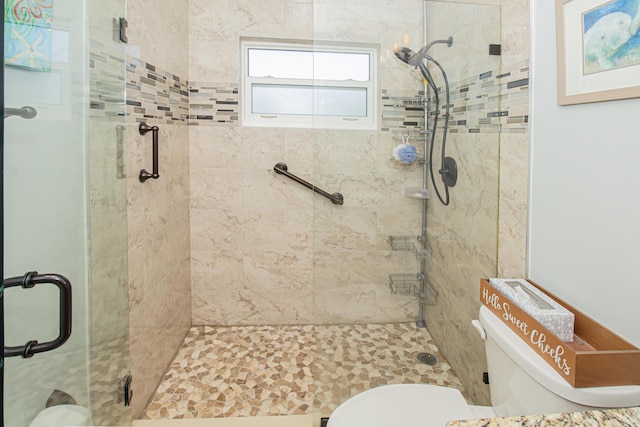 full bathroom featuring toilet and a shower stall