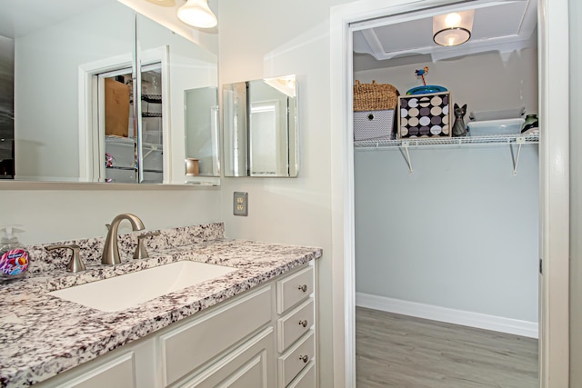 bathroom with baseboards, wood finished floors, and vanity