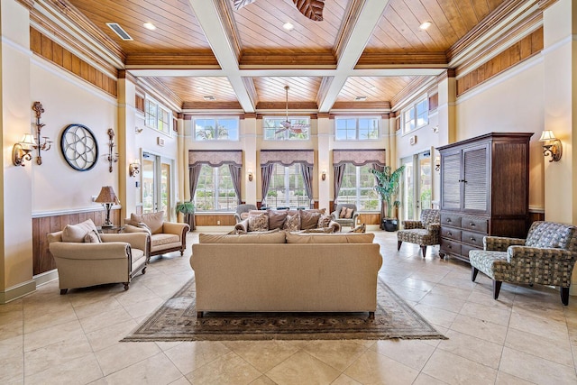 living room featuring wooden ceiling, crown molding, coffered ceiling, and beamed ceiling