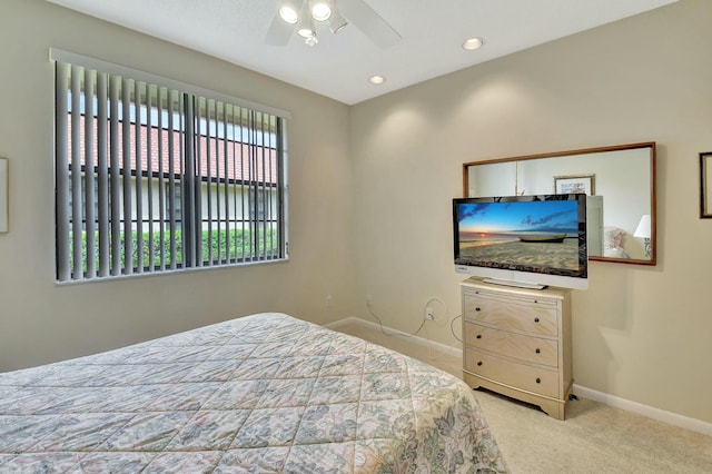 carpeted bedroom with ceiling fan, recessed lighting, and baseboards